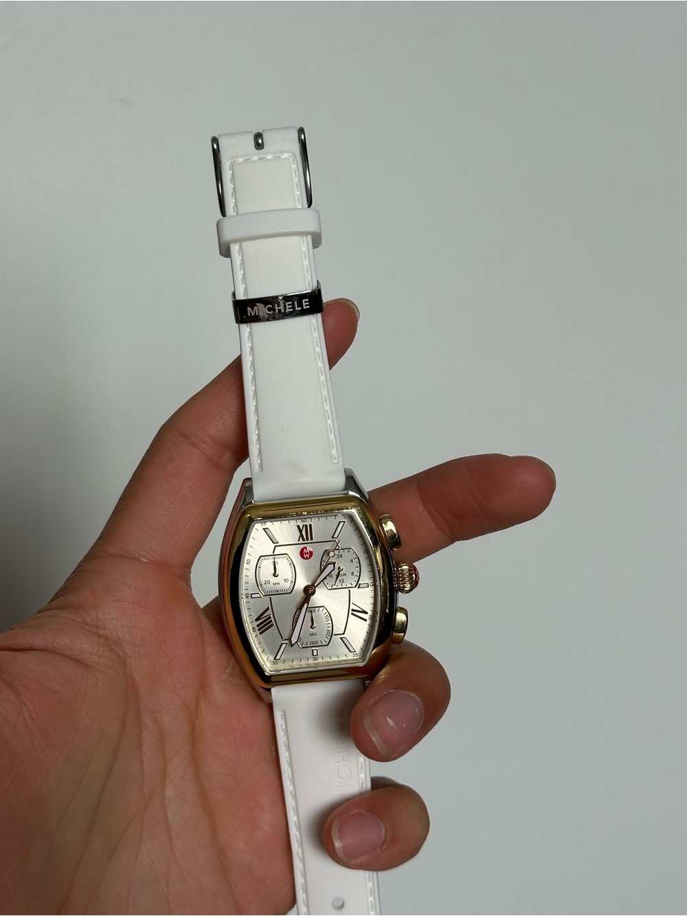 Michele White Strap Gold-Tone Chronograph Watch